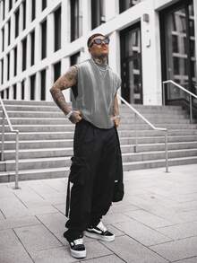 2025 Spring & Summer Men's High Street Hip Hop Wide Shoulder Round Neck Printed Top - Light Grey - View 5