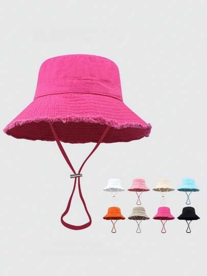 Ladies' Denim Drawstring Torn Edge Bucket Hat, Sun Resistant Outdoor Hiking Hat, Adjustable, Fashionable Daily Travel Headwear