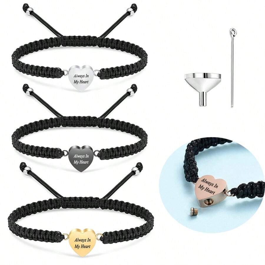 Pulseira de urna para cinzas, joias de cremação, corda trançada, pulseira ajustável, pulseiras memoriais de aço inoxidável, suporte para cinzas, joias de lembrança - sempre em meu coração - Coração sempre - Ver 1