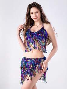 Colorful Sequined Tassel Halter Bra And Waist Chain Set - Belly Dance Stage Show And Nightclub Party - Multicolor - View 22