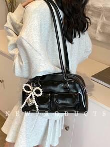 New Fashion Classic All-Match Solid Color PU Waterproof Fabric Women's Handbag, Beaded Bow Decoration Design Large Capacity Shoulder Bag, Shell Bag, Women's Wallet, Suitable For Shopping, Commuting, Travel Use, Street & Japanese Bag For Women