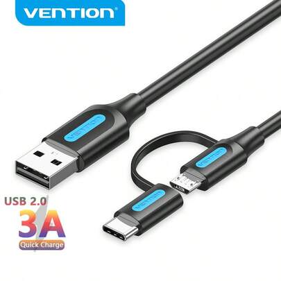 VENTION 手机数据线 二合一 USB 数据线 60W USB 2.0 快速充电线，3A USB A 至 Micro-B/USB-C 数据线，480Mbps TPE 和 PVC 材质 兼容三星 Galaxy S10 S9 Plus、移动电源、安卓、平板电脑、笔记本电脑、桌面、硬盘、第一线多用充电线 Micro USB 数据线 兼容 兼容小米、兼容 OnePlus、兼容三星 Galaxy S7/HTC 兼容 Android、Kindle、兼容 、相机、MP3 Type C、Micro-USB