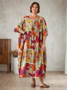 Topy Boho Style Plus Size Casual Holiday Beach Dress, Sukienka w kropki, Letnia sztuczna japońska spódnica z kołnierzykiem jenowym, z rękawami na ramionach i krótkim rękawem,