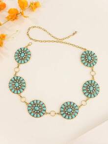 Vintage Waist Chain, Turquoise Inlaid Metal Alloy Chain, High-End Luxury Chinese Retro Style Dress Waist Chain - Gold - View 16