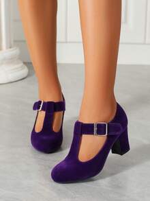 Women's T-Strap Mary Jane Pumps Low Block Chunky Heels Closed Round Toe Dress Wedding Office Work Shoes - 紫色 - 查看 3