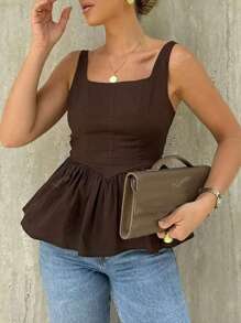 Blusa corta sin mangas de cuello cuadrado elegante con fruncido delantero, de tela tejida de unicolor, para verano