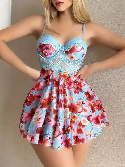 [蕾丝印花吊带裙] 女士半透视蕾丝印花吊带裙 - 高支撑，内置胸罩，蝴蝶结细节