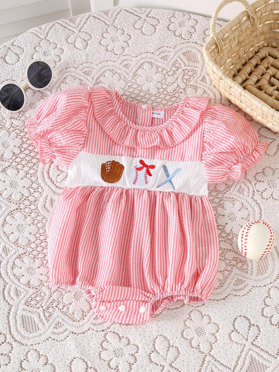 Baby Girls' New Fashion Ruffled Embroidery Baseball Short Sleeve Bodysuit, Spring/Summer - Pink - View 1
