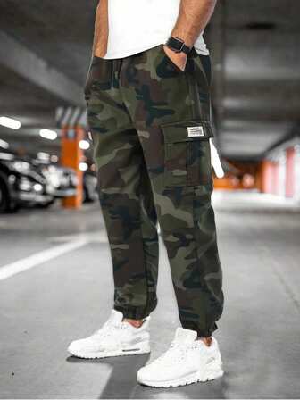 Camouflage Cargo Pants Men, American Style Casual Loose Drawstring Waist Multi-Pocket Trousers, Summer