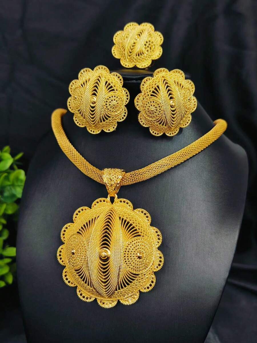 1 条项链、1 对耳环、1 个戒指花卉锌合金中东迪拜风格珠宝套装，适合沙特阿拉伯、非洲婚礼和派对女士配饰，3 件套，金色，母亲节和节日礼物 - 金黃色 - 查看 1