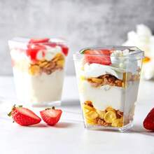 ¡Eid Mubarak! 5 piezas Taza de plástico transparente, taza cuadrada para mousses y postres con tapa y cuchara - Resistente, a prueba de fugas, perfecto para ensalada de frutas, helado, parfait de yogur, pudín, suministros para fiestas, accesorios de vajilla y picnics al aire libre