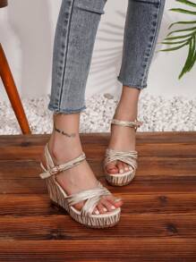 Bohemian Summer New Thick Bottom Wedge Strap Round Toe High Heel Sandals For Women