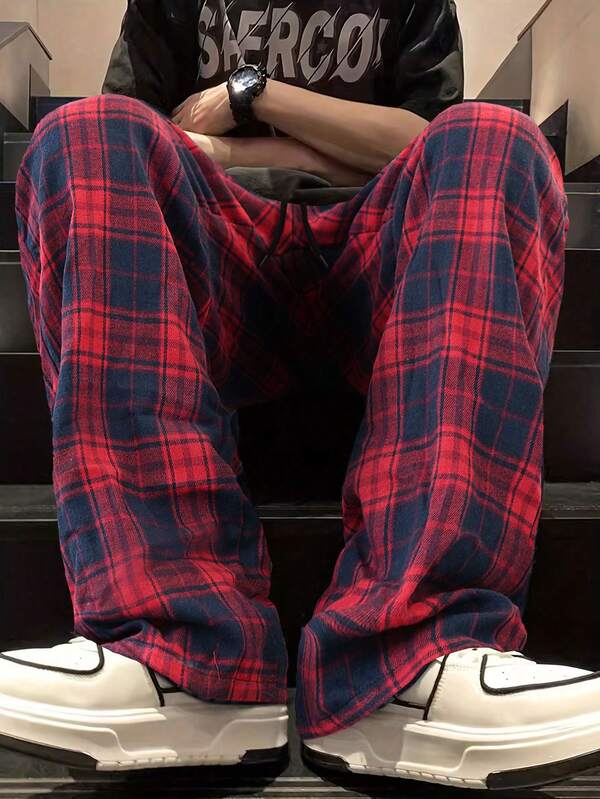 Men's Elastic Waist Loose Plaid Casual Pants, Spring & Autumn, Fall
