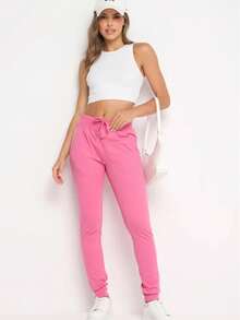 女士纯色抽绳腰休闲健身运动裤