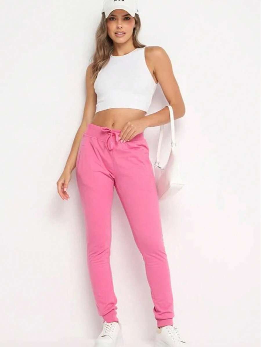 女士纯色抽绳腰休闲健身运动裤