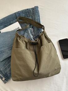 A Simple Bucket Shaped Crossbody Bag With Adjustable Shoulder Straps, Drawstring Closure, Special Nylon Material, Lightweight, Thin, Breathable Fabric, Solid Color, Suitable For Both Men And Women's Daytime Travel And Commuting