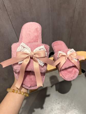 Women's Elegant Pink Lace Bow Decor Fluffy Open Toe Ribbon Slides, Soft House & Wedding Slippers, Spring & Autumn