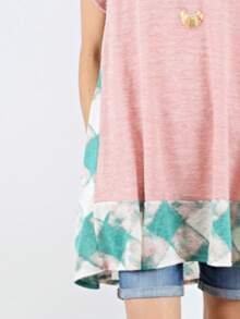 Boho Retro Rayon Cool Soft Summer Cuff Short Sleeve Crew Neck T Shirt Mini Dress Tunic With Pockets - 粉色 - 查看 3