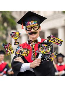 61 件/套毕业主题 2025 毕业派对装饰、搞笑眼镜拍照道具、GRAD 毕业典礼装饰拍照亭、学校活动装饰、毕业典礼拍照亭道具、派对拍照亭道具