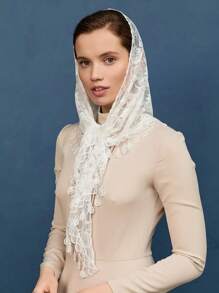 1 lenço feminino com acabamento em borla de renda, elegante xale triangular da moda, adequado para uso diário