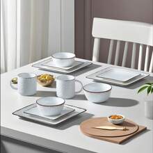 16-Piece Ceramic Dinnerware Set For 4, Grooved Texture & Gold Trim, Microwave/Oven/Dishwasher - trắng - Xem 7