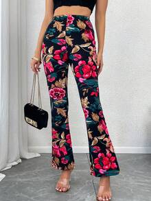 Summer New Floral Print High Waist Casual Elegant Ladies Loose Fit Flared Pants, Suitable For Daily Wear