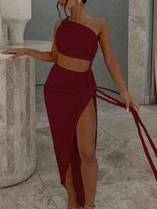 Women Summer Solid Patchwork Backless Side Slit Ruched Long Dress Bodycon Sexy Elegant Party Dress Prom - Burgundy - View 2