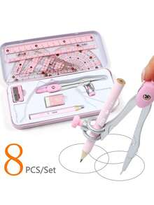 Set de 8 piezas que incluye regla, compás, lápiz, geometría, matemáticas, útiles de dibujo, útiles de oficina, regalo para niños y niñas, útiles escolares, artículos de papelería para volver a la escuela