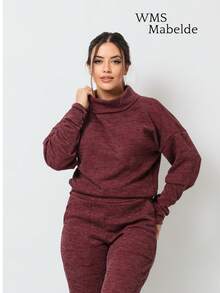 WMS Women's Woolen Ribbed Crew Neck Pants Set SimpleElegantCasualCutePocket - 酒紅色 - 查看 1