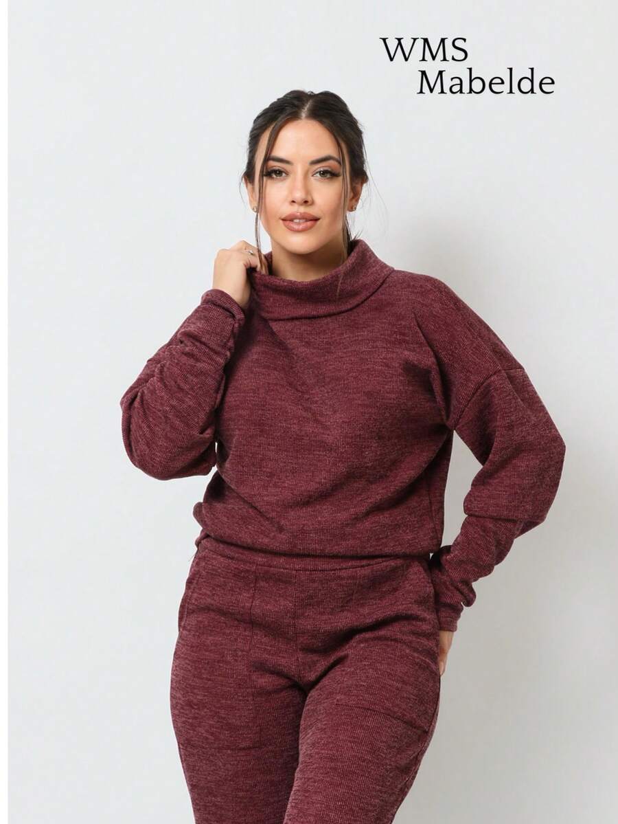 WMS Women's Woolen Ribbed Crew Neck Pants Set SimpleElegantCasualCutePocket - 酒紅色 - 查看 1