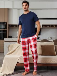 Men's Short Sleeve & Long Pants Pajama Set, Navy Blue Top With Plaid Pants, For Casual Home/Sleepwear - Navy Blue - View 4