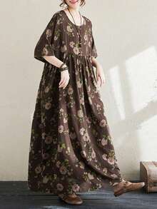 Top, 2025 Lato Nowy Czeski Casual Wear, Damska Casualowa Elegancka Sukienka Wakacyjna, Codzienna Odzież Dla Matki, Damska Plus Size Easy Easy Vintage Okrągły Dekolt Rękawy Duża Sukienka Swing