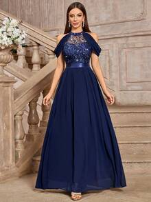 MIUSOL Elegant High Neck Sequin Floral Lace Off-Shoulder Evening Maxi Dress