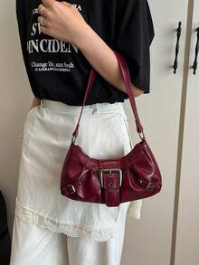 1 件女式复古摩托车朋克风格铆钉装饰可调节肩带柔软仿油渐变皮革斜挎腋下包，大容量，适合工作、通勤、约会、派对 - 酒紅色 - 查看 3