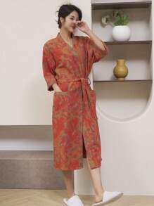 1 Stück langer, vintage Blumenmuster Bademantel, Gaze Bademantel, saugfähig und schnelltrocknend, Damen Bademantel, geeignet als Handtuchmantel, Frühlings/Sommer Nachtwäsche, doppellagige Gaze, Bad- und Heimbedarf Badezimmer Dekoration Schulanfang