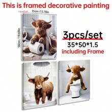 3pcs Scottish Highland Cow Funny Bathroom Print, Farm Animal Humor, Whimsical Highland Cow Lover Gift, Wall Canvas Art, Vintage Western Home Decor , Cottagecore Posters For Room, Funny Wall Decor , Room Decor Aesthetic, Room Decoration Stuff