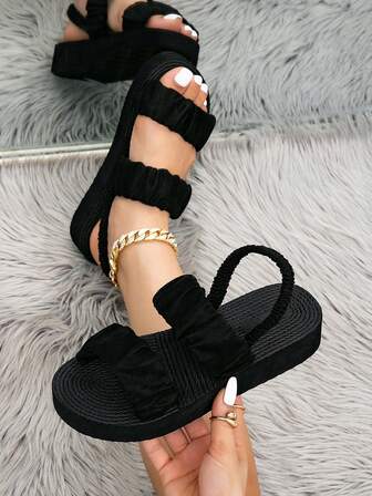 女士厚底坡跟凉鞋，低跟，厚底，可调节带子，休闲，百搭，适合夏季旅行、海滩、户外、通勤，优雅，几何图案，黑色