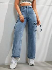 Calça Cargo Denim Casual e Estilosa com Vários Bolsos para Uso Diário Feminino