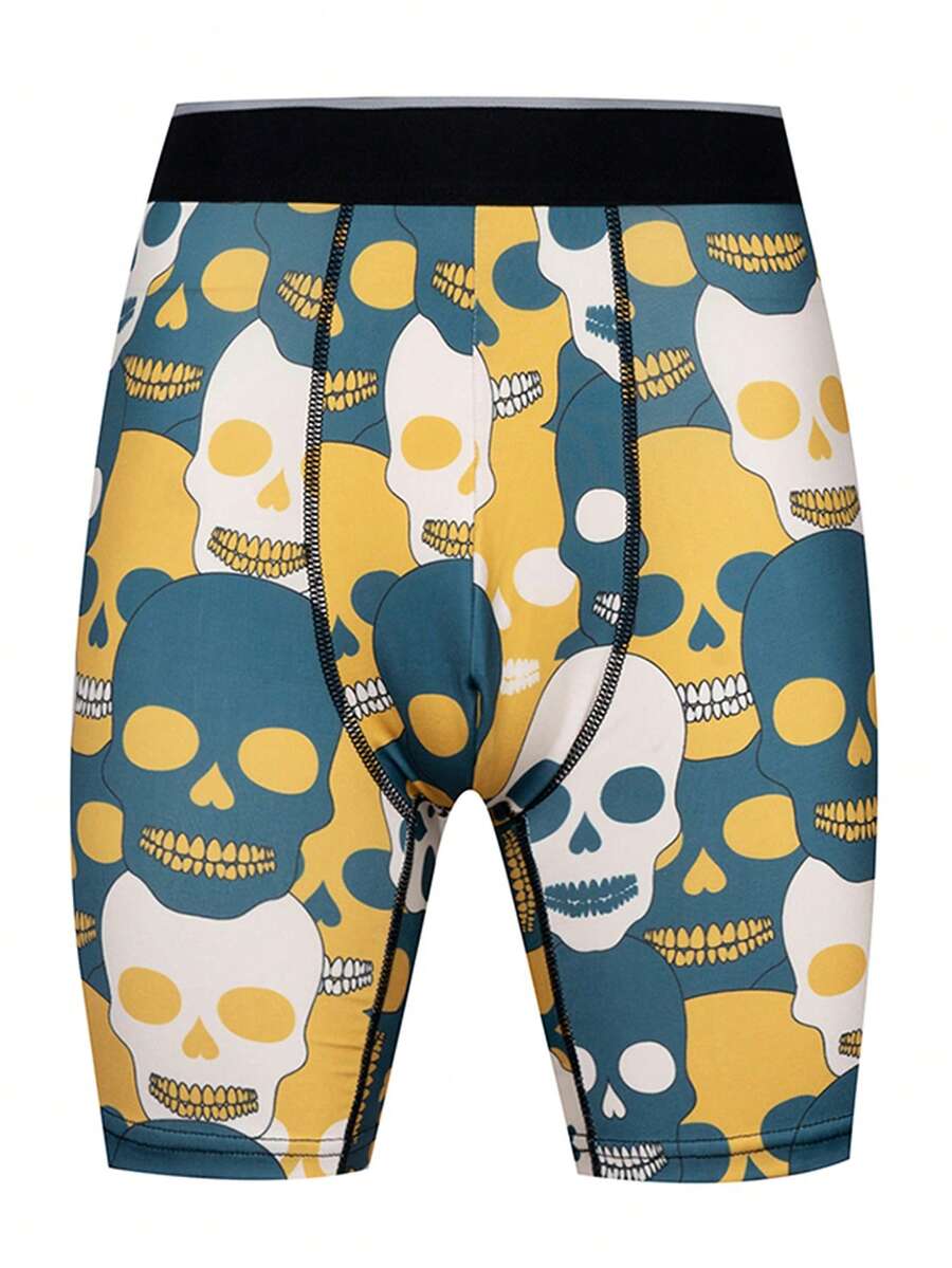 Men's Skull Print Contrast Waistband Boxer Brief, Suitable For Daily Wear - Mustard Yellow - View 1