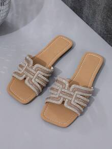 Dép đế bằng mới mùa hè 2025 cho nữ, dép đi trong nhà thường ngày cho nữ, dép đế bằng đính đá, dép đi trong nhà cho kỳ nghỉ bãi biển, giày thường ngày đa năng cho nữ - Màu Khaki - Xem 6