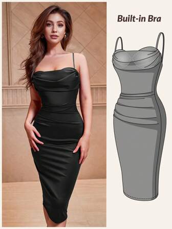 CurvySweet 优雅紧身时尚垂坠领口中长吊带连衣裙，内置胸罩