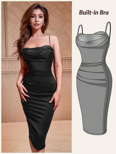  CurvySweet Elegant Fitted Pleated Collar Mid-Length Slip Dress With Built-In Bra, Wedding Guest Or Cocktail Attire Spring Black Party