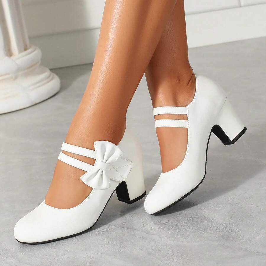 Giày Mary Jane nữ quai mắt cá chân, nơ thấp, mũi tròn, thoải mái cho tiệc cưới, giày dự tiệc Valentine - trắng mờ - Xem 1