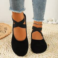 New Spring And Autumn Women'S Velvet Shallow Mouth Elastic Round Head Flat Matching Shoes, Suitable For Work, Leisure, Vacation And Home Use - 黑色 - 查看 4