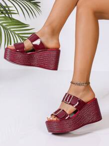 Nuevas sandalias de tacón alto y plataforma antideslizante para mujeres, de tacón grueso y punta abierta, de color burdeos brillante, zapatos de cuña de verano con suela gruesa