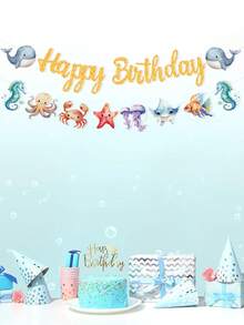 1 Set Ocean Themed Birthday Banner, Happy Birthday Ocean Animal Pattern Hanging Banner, Birthday Background Decoration, 1st Birthday Party Supplies, Ocean Party Decor, Ocean Themed Birthday Party Decorations, Underwater World Party Decor, Birthday Hanging Ornaments, Bridal Shower Gift, Wall Decor, Photo Prop, Banner Flag, Summer Party Decoration - Birthday-ocean - View 3