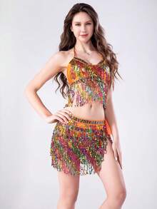 Colorful Sequined Tassel Halter Bra And Waist Chain Set - Belly Dance Stage Show And Nightclub Party - Multicolor - View 9