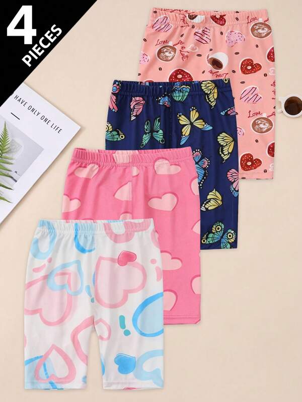 4 Pack Lightweight Girls Leggings/Bike Shorts, Heart Print, Comfortable For Layering, Suitable For Toddler & Big Girls