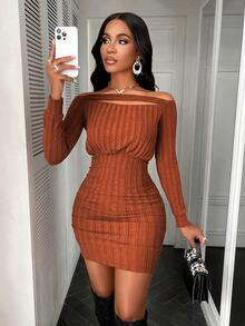 Ladies' Sexy Off Shoulder Hollowed Out Bodycon Sexy Dress - Brown - View 7