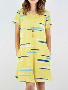 Boho Retro Rayon Cool Soft Summer Cuff Short Sleeve Crew Neck T Shirt Mini Dress Tunic With Pockets - 黃B - 查看 3